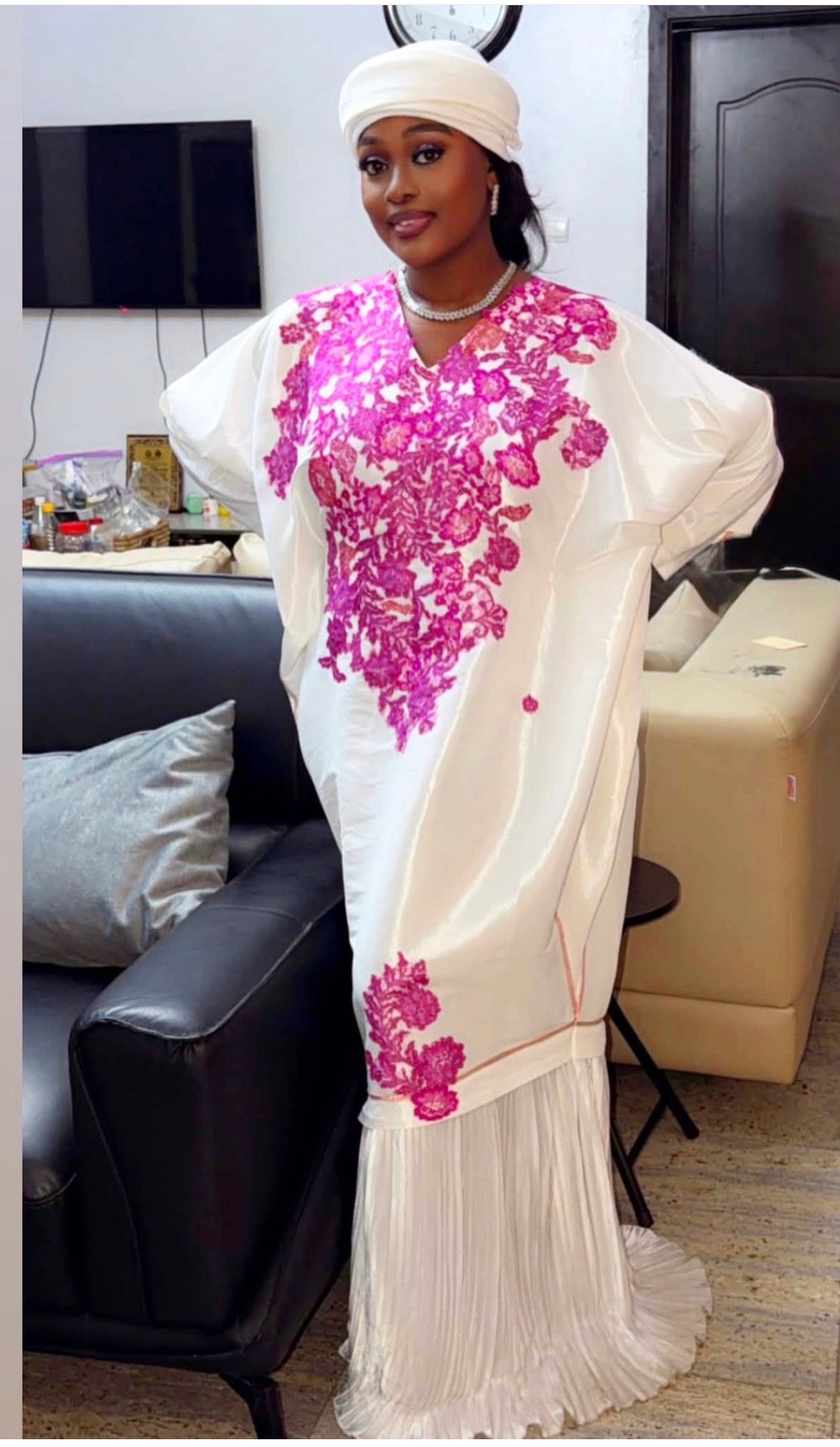 Olaide Kaftan in Grecian White and Pink